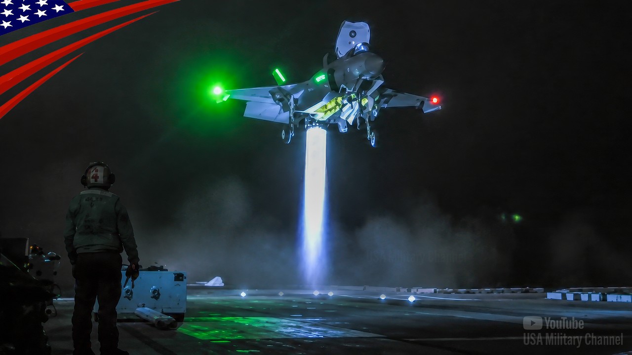 Ghostly Blue Fire: F-35B's Thrust-Vectoring Nozzle at Night
